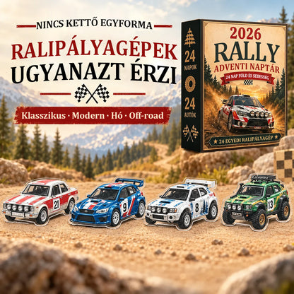 🏎️ Rali karácsonyi adventi naptár 2026 – 24 nap tele sebességgel és izgalommal, 24 gyűjthető raliautóval (2D modellek)