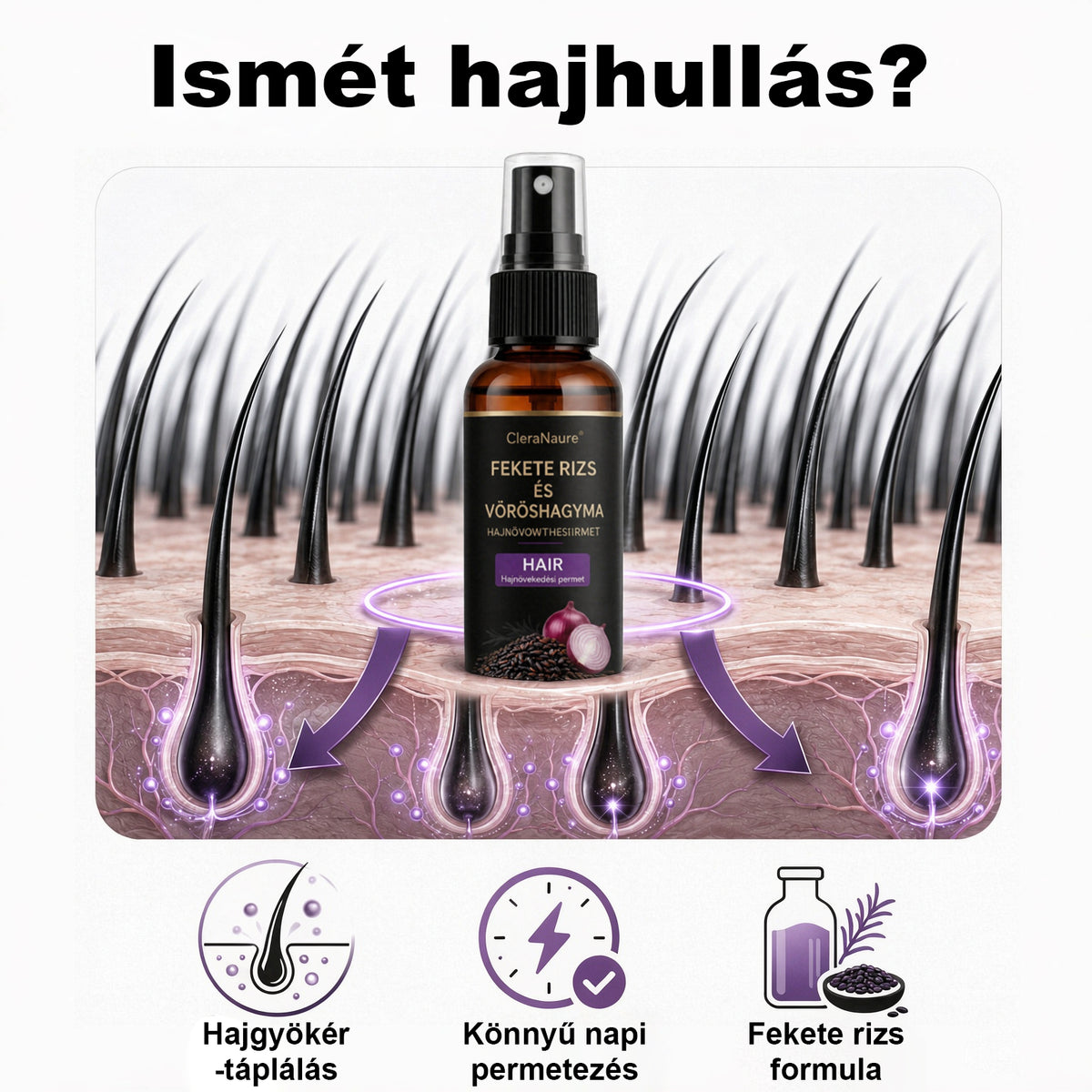 💎CleraNaure® Fekete rizs és vöröshagyma hajnövekedést támogató spray