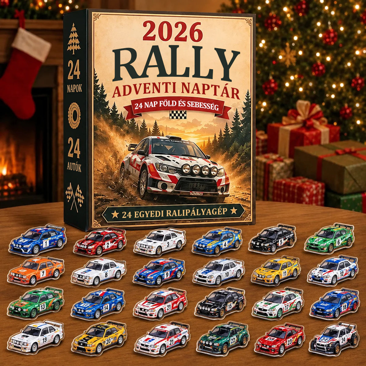 🏎️ Rali karácsonyi adventi naptár 2026 – 24 nap tele sebességgel és izgalommal, 24 gyűjthető raliautóval (2D modellek)